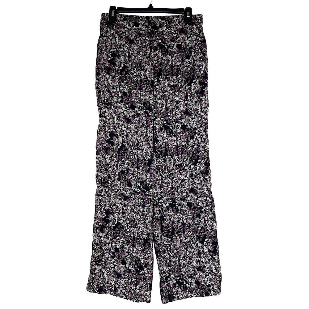EUC Amelie & Amelie Floral Wide Leg Satin Pants Purple Black White Pockets Large